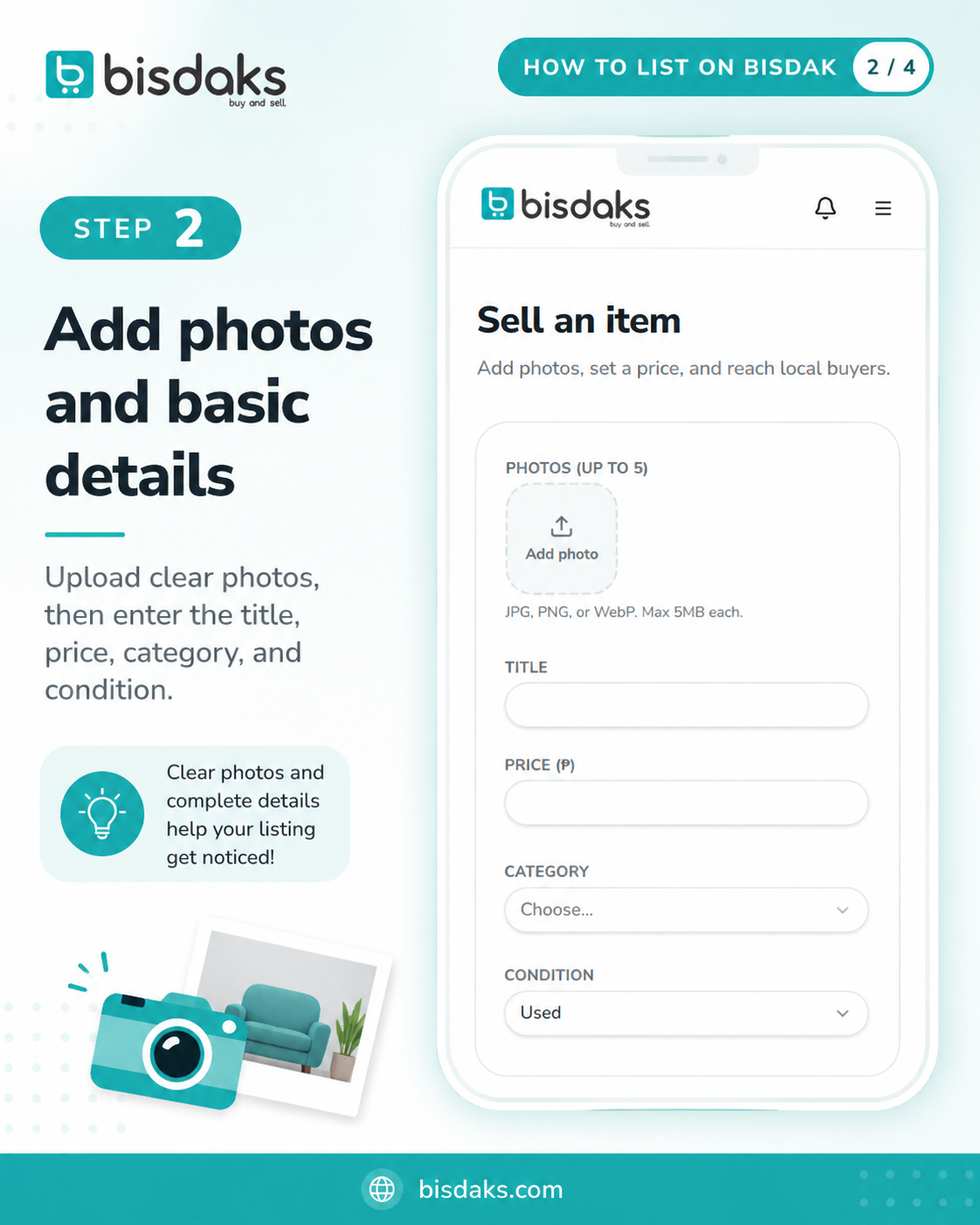 Step 2: Upload photos and add the title, price, category, and condition.